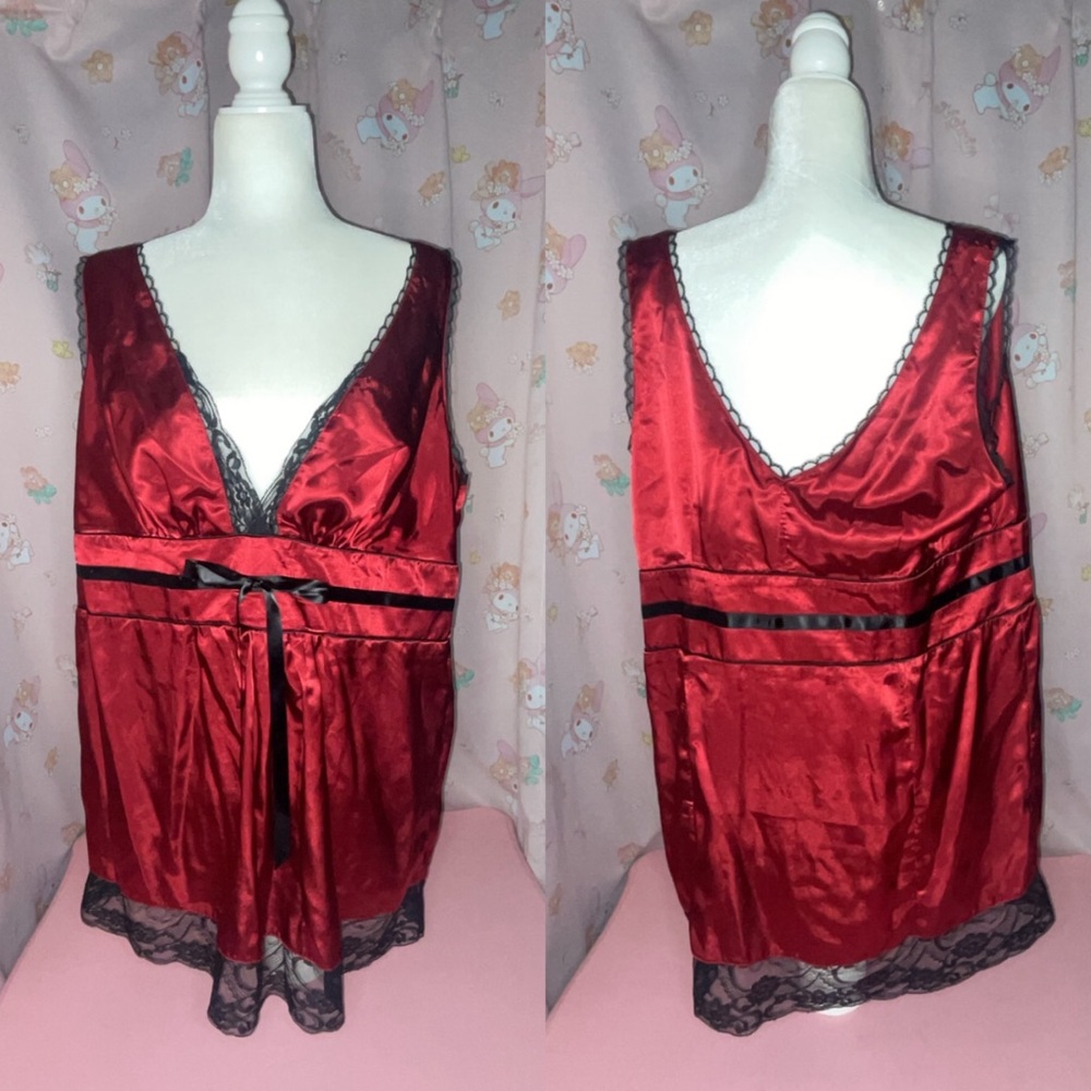 Frederick’s of Hollywood Red Babydoll Top with Black Lace and Ribbon Details